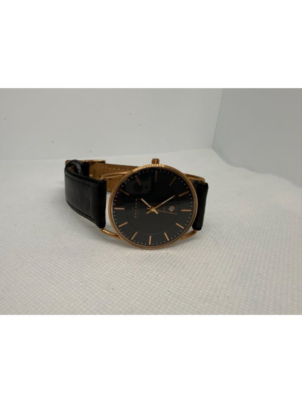 Skagen Ancher Men's 40mm Rose Gold-Tone Black Dial Date Black Leather Watch - Picture 8 of 10